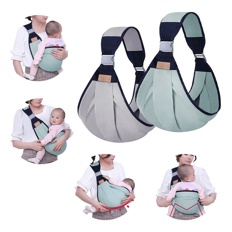 Baby shoulder sling in grey and mint green, with ways to carry your baby Main image
