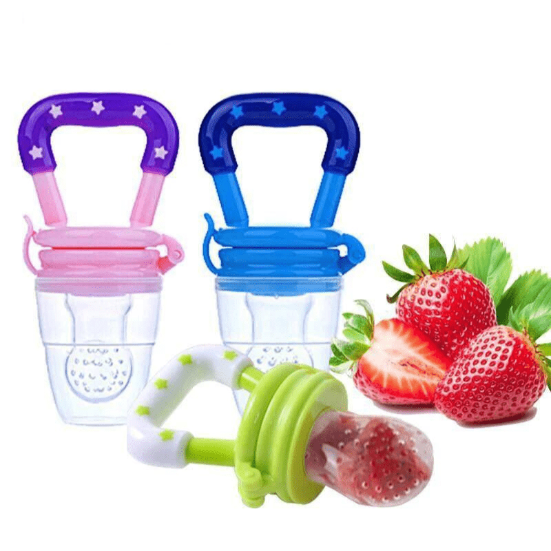 Set of silicone baby fruit feeders in pink, blue and green with strawberries Main image