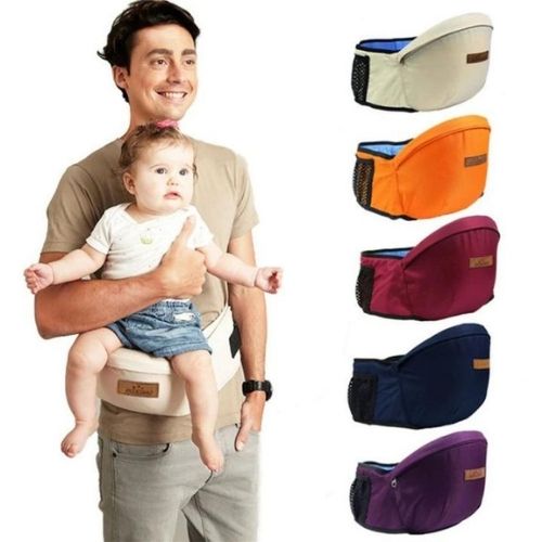 Dad holding a baby on a hip seat waist belt, shown in 5 colours Main image